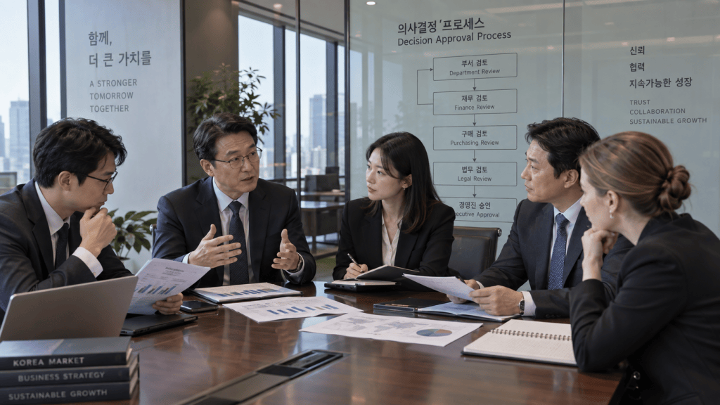 A business meeting with five professionals discussing strategies around a table, surrounded by charts and documents, in a modern office setting.