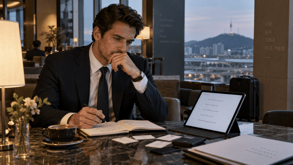 A businessman in a suit is sitting at a table in a modern café, looking thoughtfully at his notes and tablet, with a city skyline view in the background.