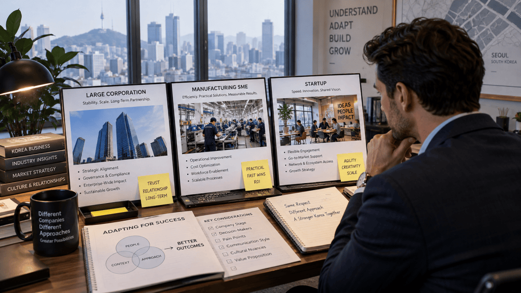 A businessman sitting at a desk overlooking a city skyline, engaging with three displays labeled 'Large Corporation', 'Manufacturing SME', and 'Startup', each detailing different strategic approaches.