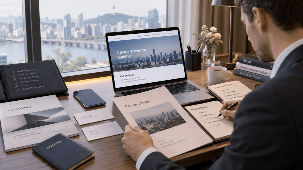 A professional man in a suit is working at a desk with a laptop open displaying a business website. The desk is cluttered with documents including a company profile, product catalog, and a passport. A smartphone and a cup of coffee are also on the desk, with a view of a city skyline visible through the window.