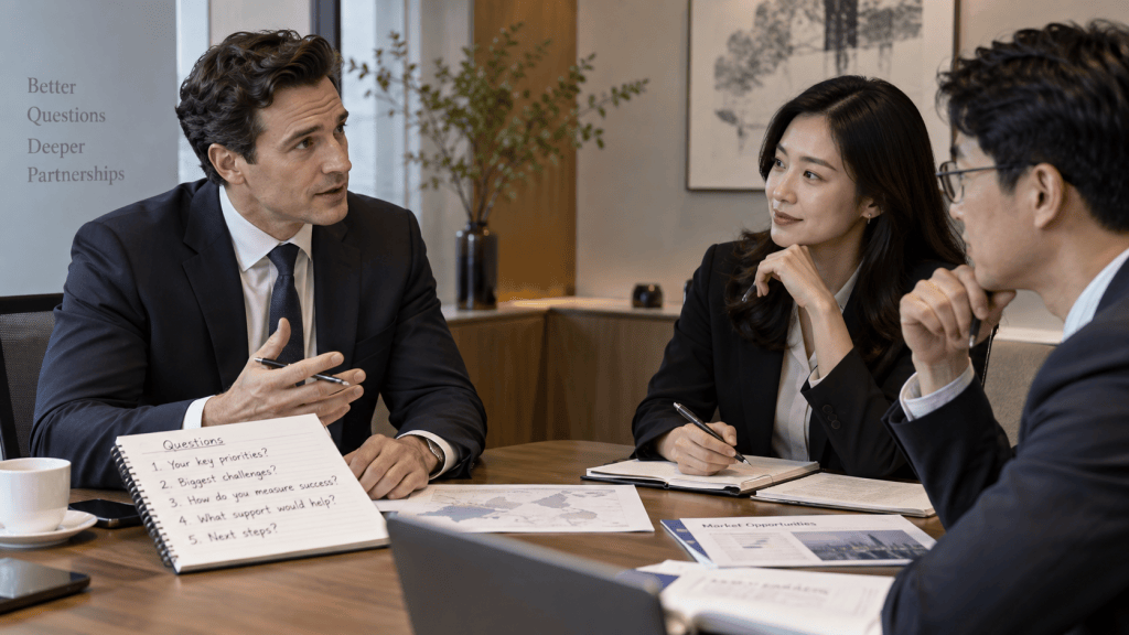 A business meeting with three professionals discussing strategies. A man in a suit is speaking while holding a pen, a woman in a blazer is taking notes, and another man is listening intently. A notebook with questions is visible on the table.