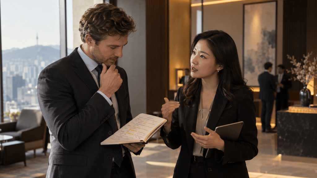 A professional man and woman engaged in a business discussion, with the man holding a notebook and looking thoughtfully, while the woman gestures as she speaks. They are positioned in a modern office setting with large windows showing a cityscape.