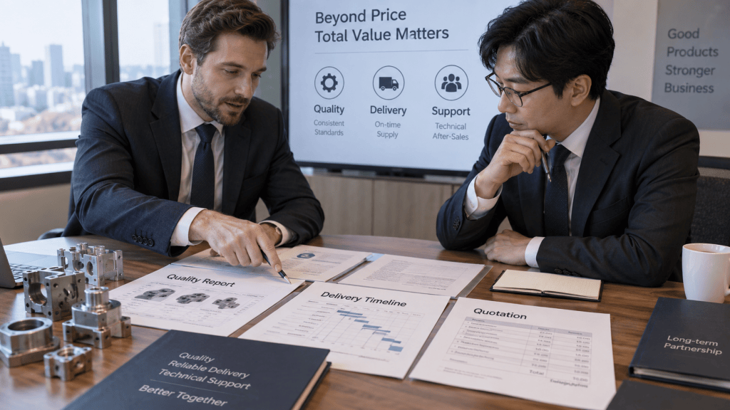 Two business professionals discussing reports and charts in a modern office setting, with documents related to quality, delivery, and quotations on a table.