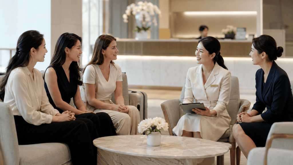 Five women engaged in a friendly conversation in a modern lounge setting, with one woman in a white blazer holding a tablet.