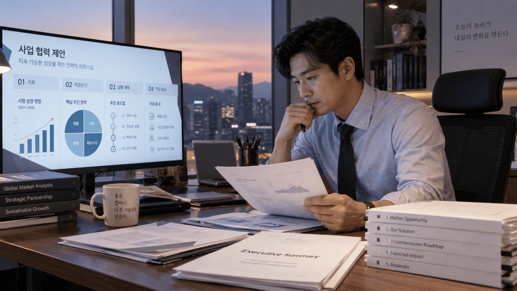 A businessman analyzing data reports at a desk with a computer displaying charts, notes, and documents in a modern office setting during sunset.