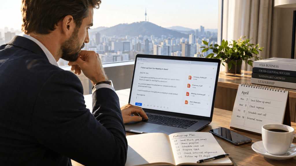 A professional man working on a laptop with a view of a city skyline, focused on an email composition about a meeting in Seoul. A notebook with a follow-up plan and a calendar for April is visible on the desk, along with a smartphone and a cup of coffee.