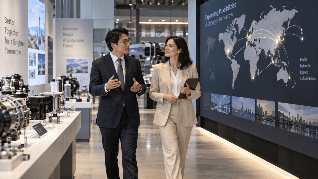 A business meeting between two professionals in a modern exhibition space, discussing innovation and sustainable futures, surrounded by product displays and a world map graphic.
