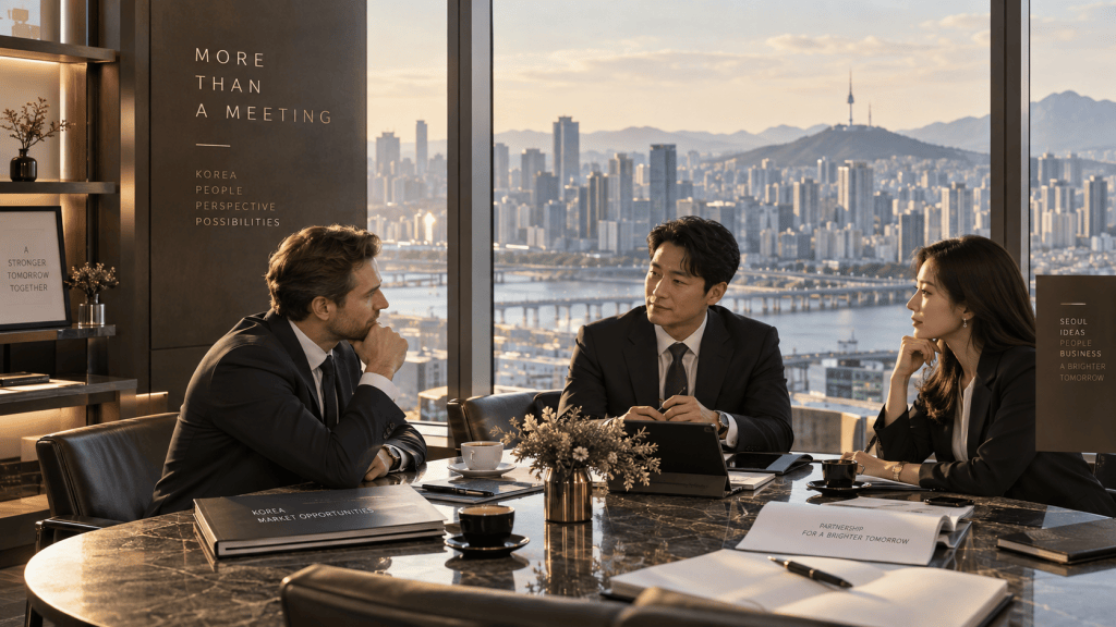 Three professionals in formal attire engaged in a discussion at a modern conference table with a city skyline visible through large windows, showcasing a panoramic view of skyscrapers and mountains.