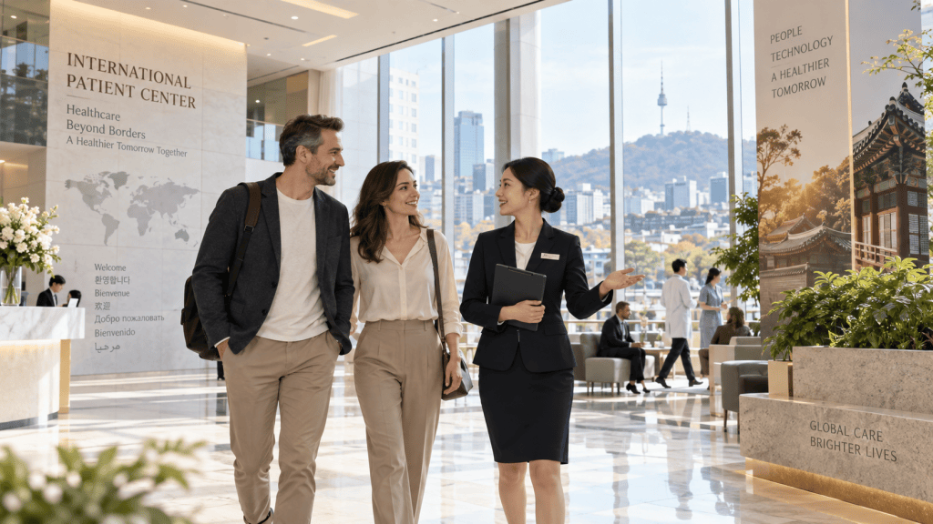 A couple walking through a modern healthcare facility while a staff member explains services, with a large window showing a cityscape in the background.