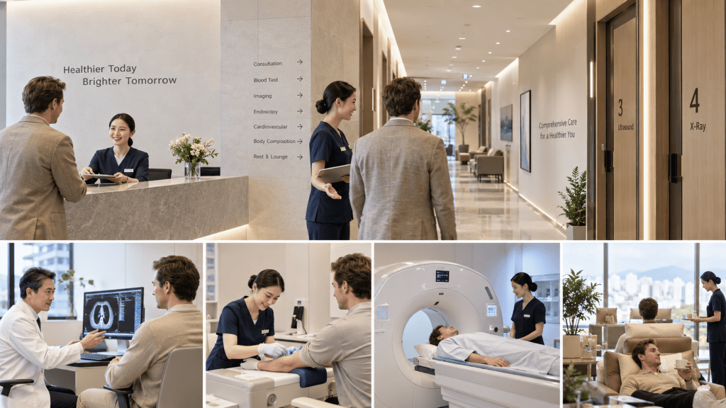 A modern medical facility lobby with a reception desk displaying the slogan 'Healthier Today, Brighter Tomorrow'. A healthcare professional assists a male patient, while other staff and patients are seen in a welcoming environment.