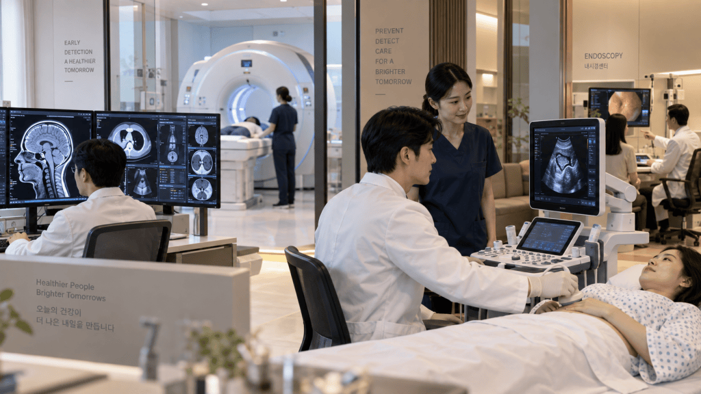 A modern medical facility with doctors analyzing diagnostic images on screens. A patient is receiving an ultrasound examination while medical staff monitor the process.