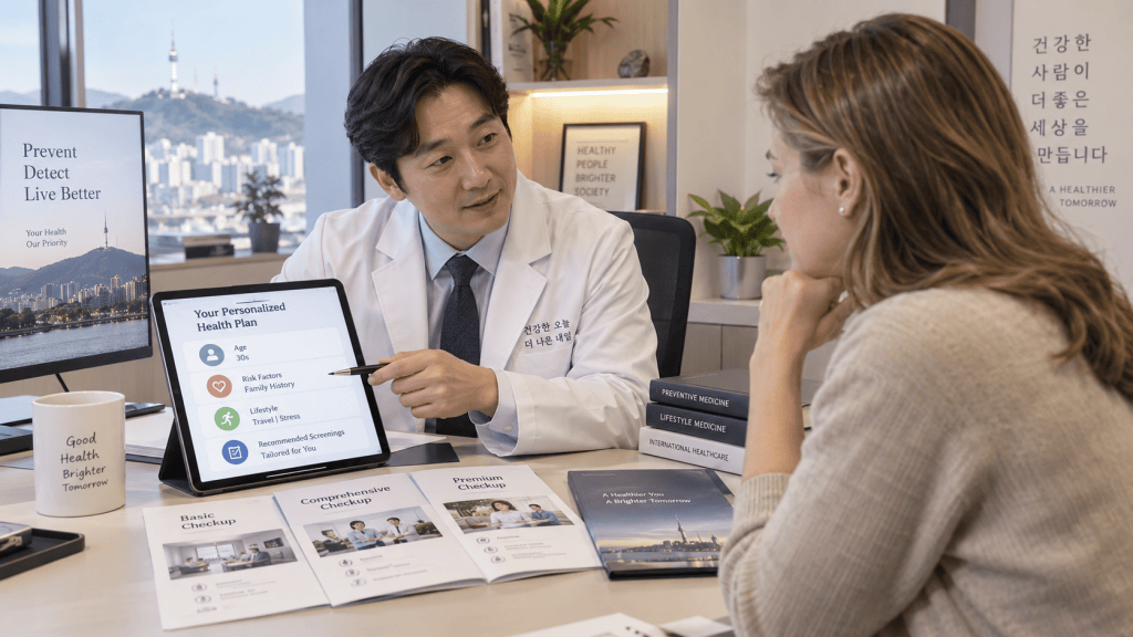 A doctor in a white coat discussing a personalized health plan with a female patient in an office setting, with city views in the background. The doctor is pointing at a tablet while consulting pamphlets and a coffee mug on the table.