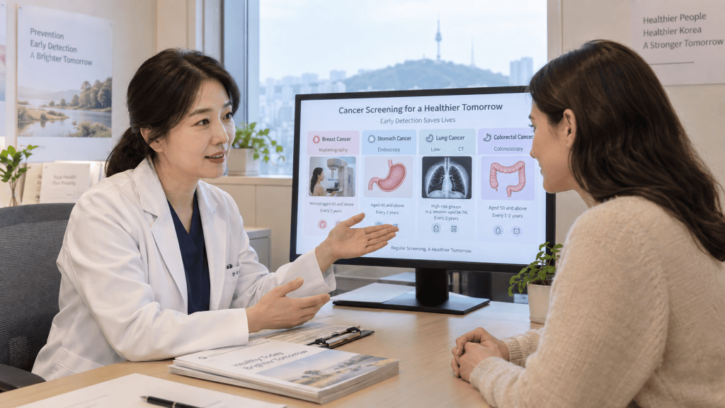 A healthcare professional explaining cancer screening options to a patient in a modern medical office, with informative graphics displayed on a computer monitor.
