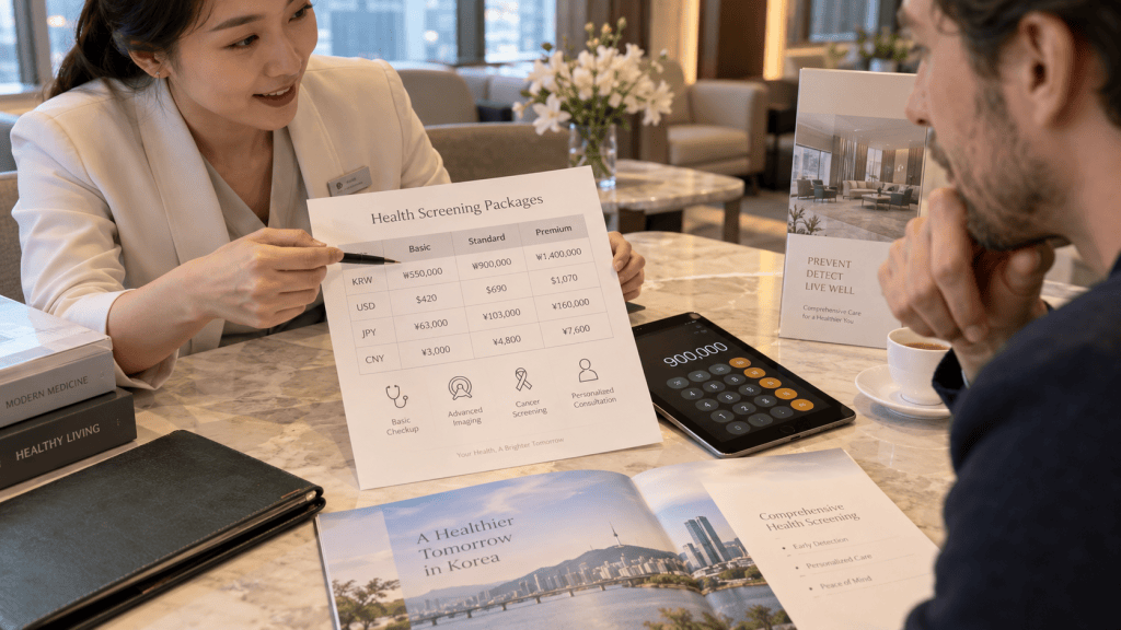 A healthcare professional explaining health screening packages to a client, with a brochure showing pricing in various currencies and a calculator on the table.