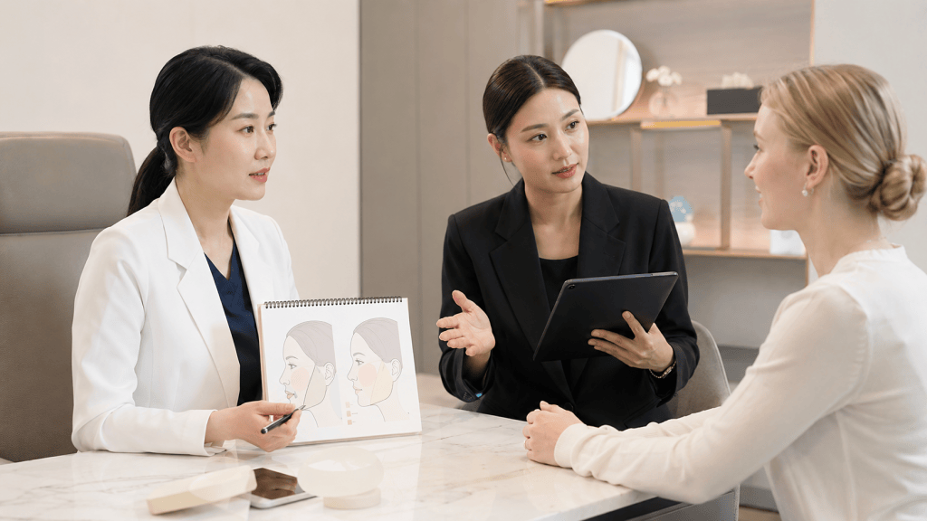 A consultation scene featuring a healthcare professional in a white coat presenting a drawing of facial profiles to two women, one of whom is taking notes on a tablet.