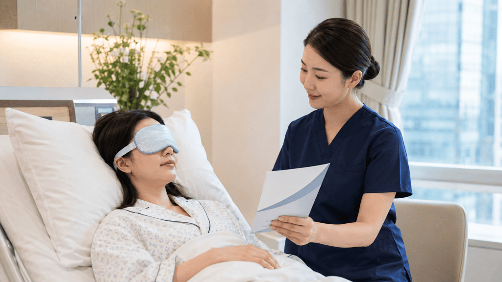 A healthcare professional in a blue uniform is reading a paper to a patient in a hospital bed, who is wearing a sleep mask and appears relaxed.