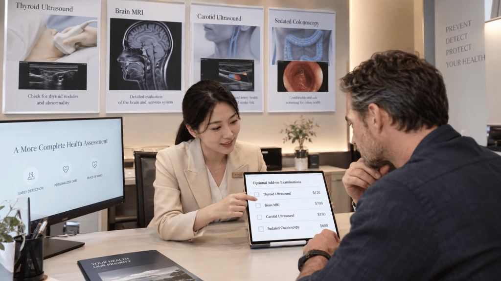 A healthcare professional discussing health assessment options with a patient, displaying a tablet with examination prices and information in a clinic setting, surrounded by medical posters.