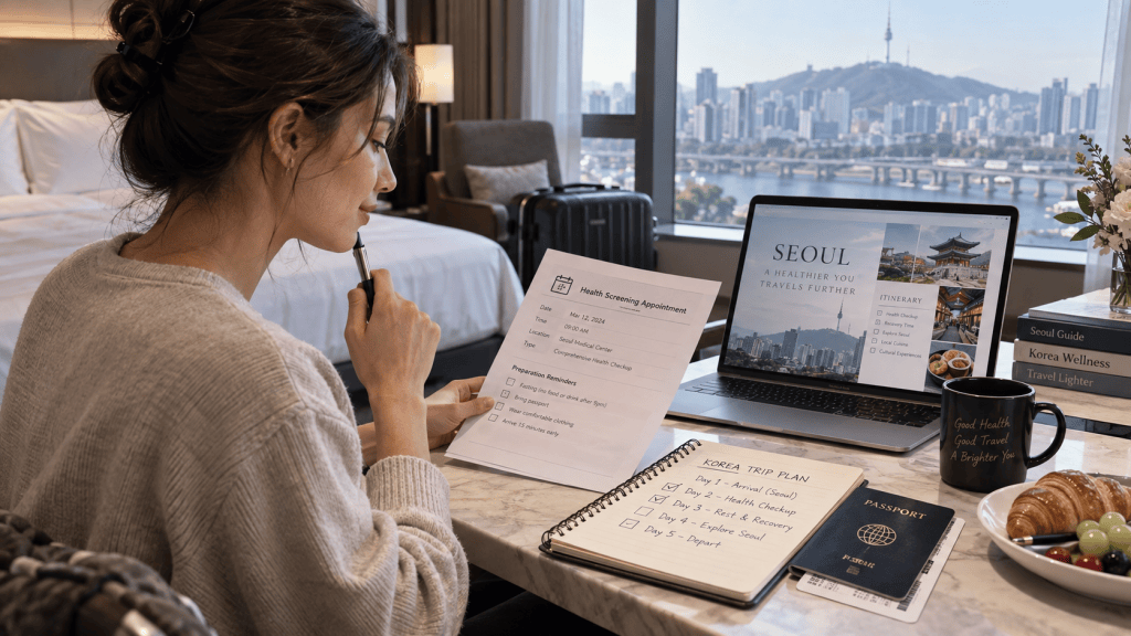 A woman sitting at a desk in a hotel room, reviewing travel plans and health requirements for a trip to Seoul, with a laptop, notebooks, and a cup of coffee nearby.