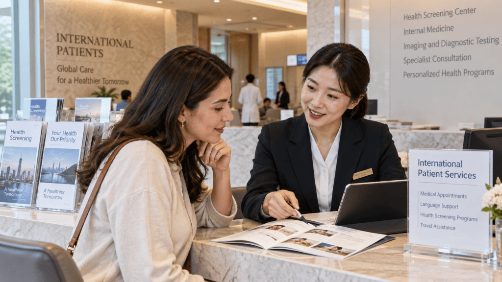 A woman consulting with a healthcare professional at an international patient services desk, discussing health screening options and medical support.