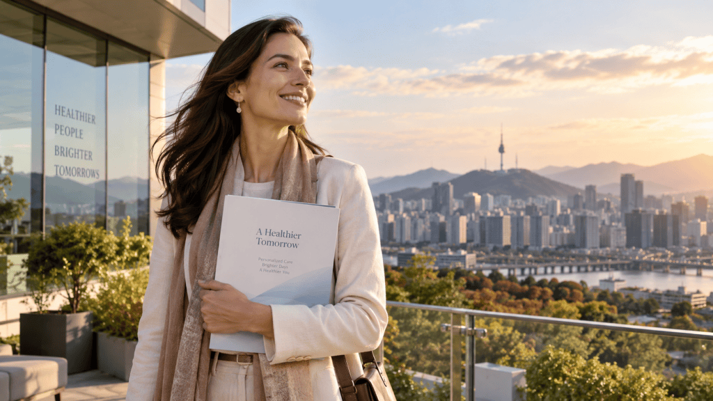 A smiling woman stands on a balcony with a city skyline in the background, holding a booklet titled 'A Healthier Tomorrow'. The scene features a sunset view and greenery, emphasizing a sense of optimism and health.