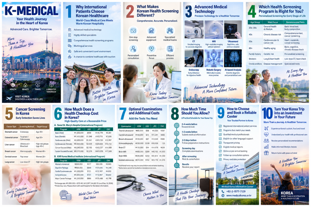 Infographic promoting K-Medical services in Korea, highlighting various health screening programs, advanced medical technology, cancer screening information, and tips for international patients.