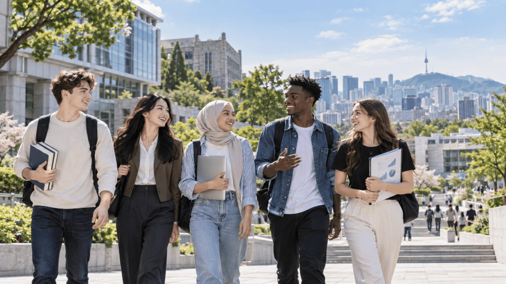 A diverse group of five university students walking together on campus, smiling and engaging in conversation, with a backdrop of modern buildings and a city skyline.