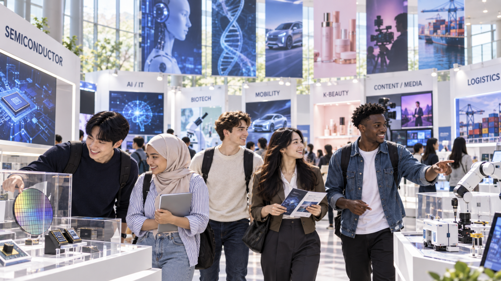 Group of young people exploring a technology exhibition featuring displays on semiconductors, AI, biotech, and more, with futuristic images in the background.