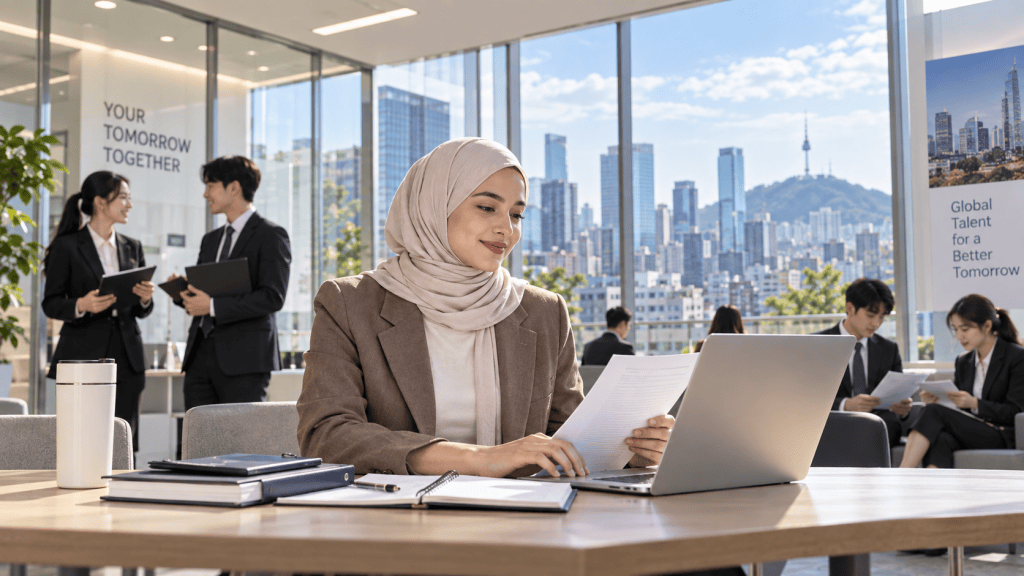 A professional woman in a beige hijab sits at a desk in a modern office, working on a laptop and reviewing documents. In the background, several colleagues engage in discussions with a city skyline visible through large windows.