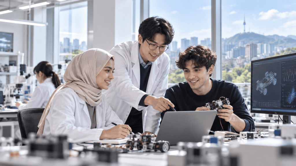 A group of three young adults, including a woman in a hijab and two men in lab coats, collaborate on a laptop in a modern laboratory, with a city skyline visible through large windows.