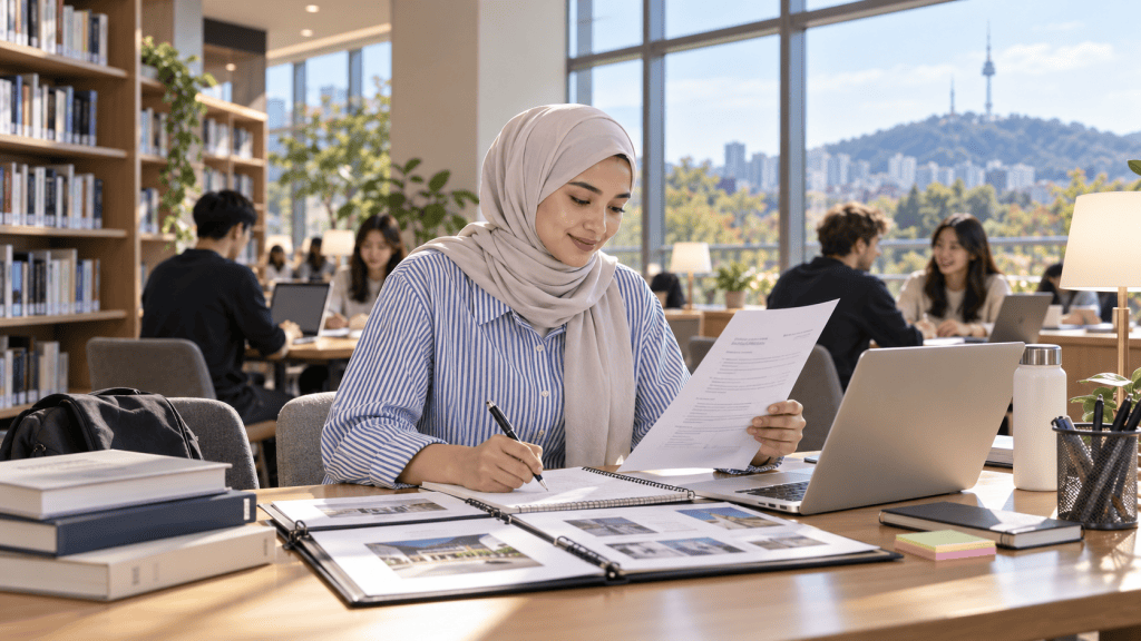 A woman wearing a hijab smiles while reviewing documents in a well-lit library, surrounded by other students studying at tables with books and laptops.
