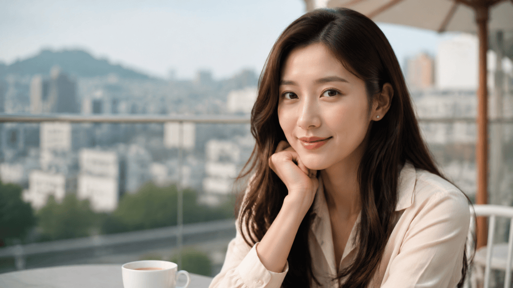 A young woman sitting at a café table, smiling and resting her chin on her hand, with a cityscape in the background and a cup of coffee in front of her.