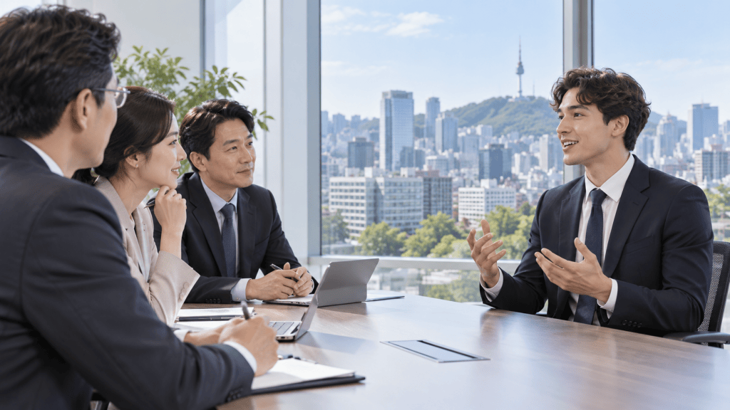 A business meeting in a modern office with a panoramic view of a cityscape. Four professionals are seated around a conference table, engaged in discussion. A man in a suit is speaking animatedly, while three others listen attentively.
