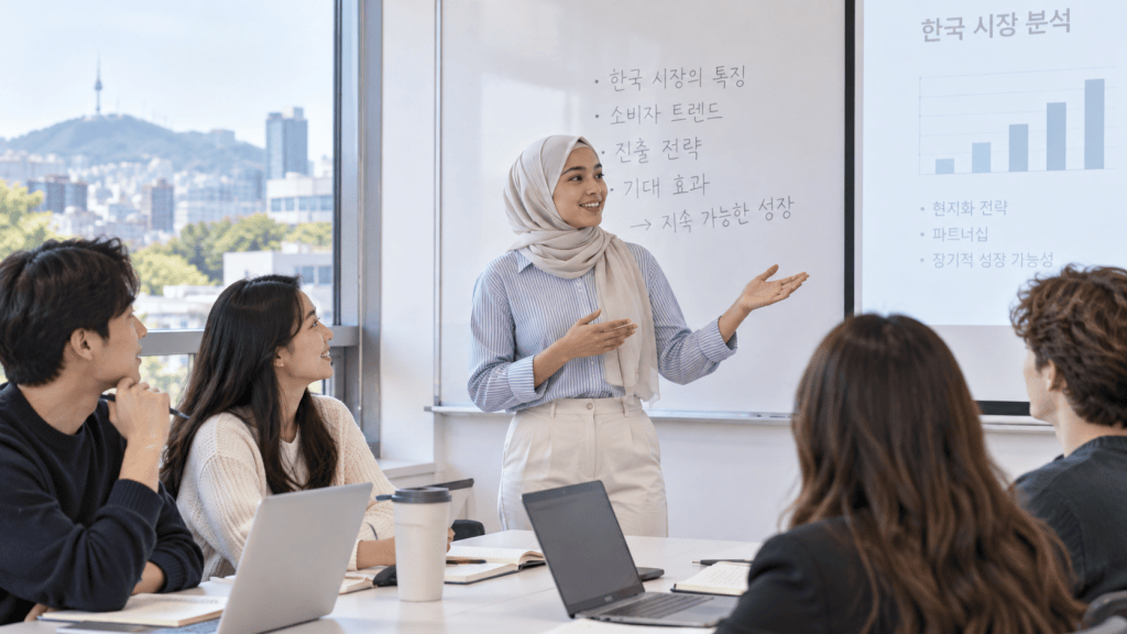 A diverse group of professionals in a modern conference room, attentively listening to a female speaker presenting market analysis on a screen, with a city skyline visible through the window.