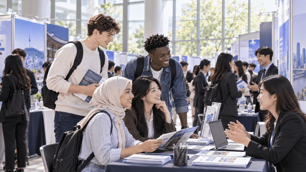 A group of diverse young adults engaging in a discussion at a career fair, with one person in a hijab and another wearing a denim jacket, while a representative explains opportunities at a table.