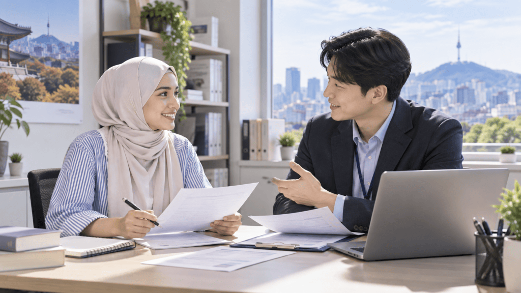 Two professionals engaged in a discussion at a modern office, with a city skyline visible through the window.