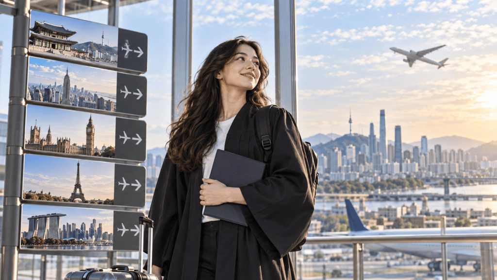A young woman in a graduation gown smiles while standing in an airport, with city skyline images and an airplane in the background.