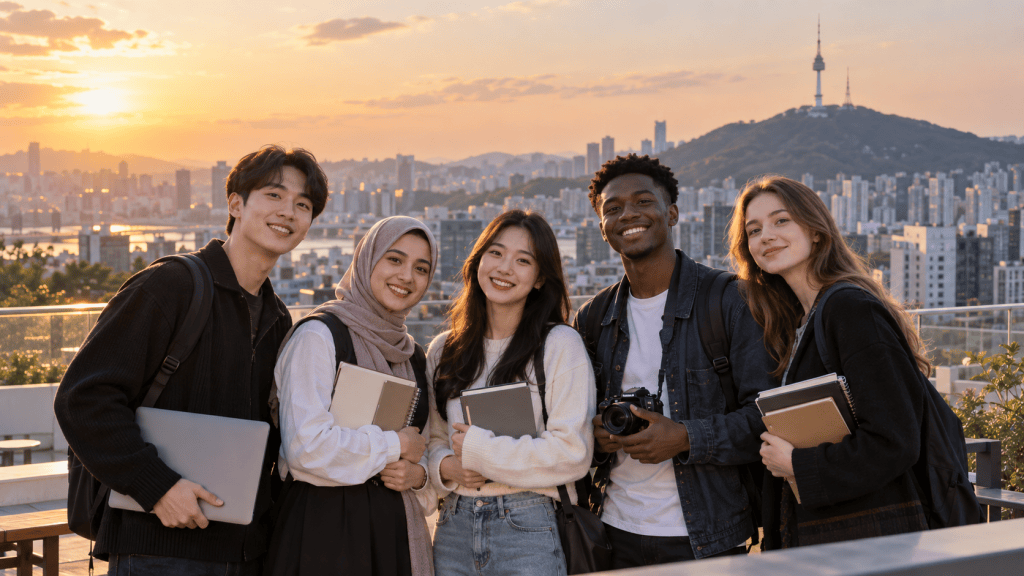 Five diverse students smiling together against a sunset city skyline, holding notebooks and a camera.