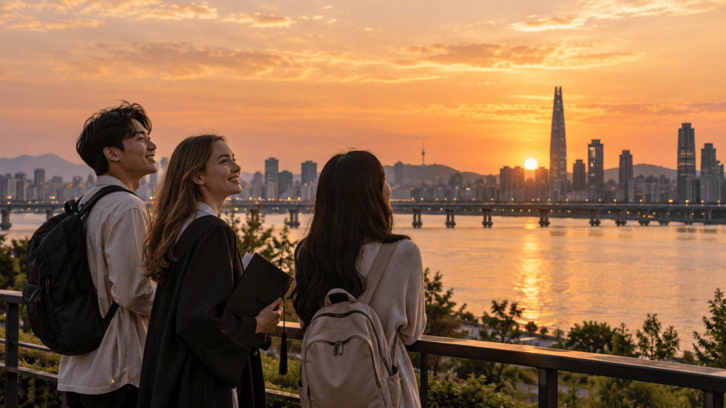 Three young adults admiring a sunset over a city skyline, with buildings and a river in the background.