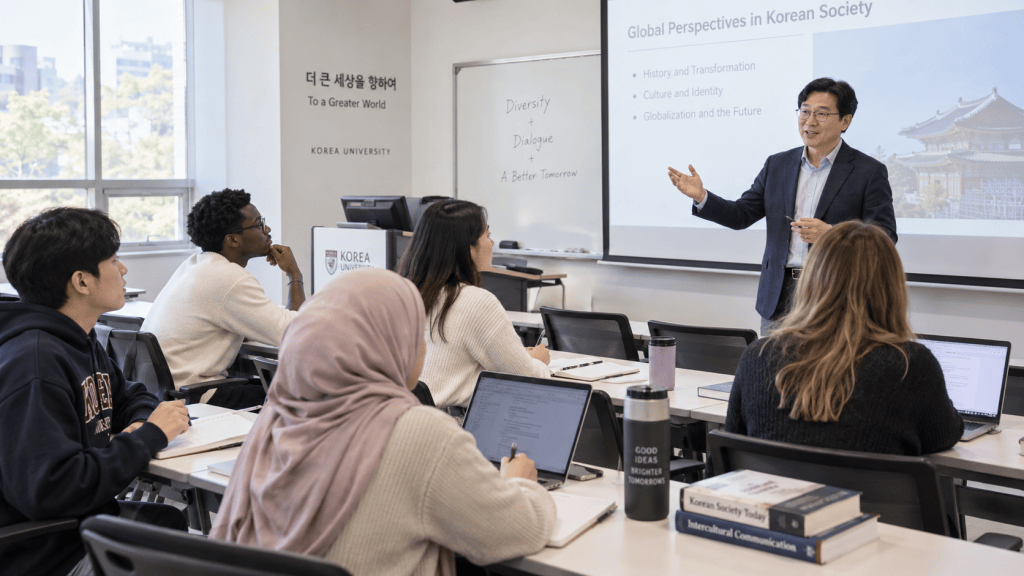 A professor teaching a class at Korea University, discussing 'Global Perspectives in Korean Society' with students attentively listening and taking notes.