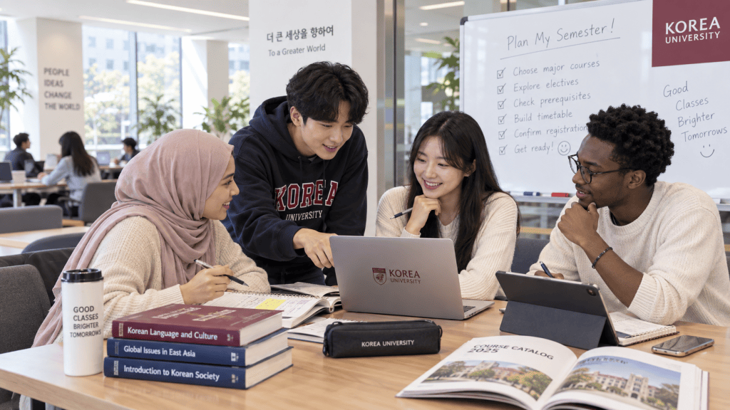 A diverse group of four university students collaborating on a laptop in a study area, with books and course materials visible. A whiteboard in the background displays a semester planning list for Korea University.