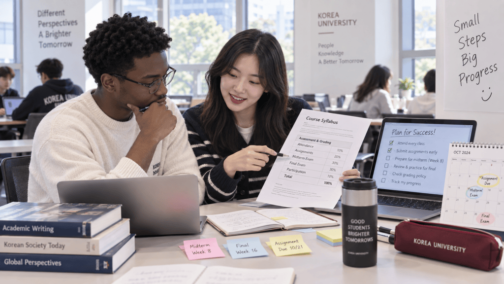 Two students reviewing course materials and discussing assignments at a table in a university study area, with books and a laptop in front of them.