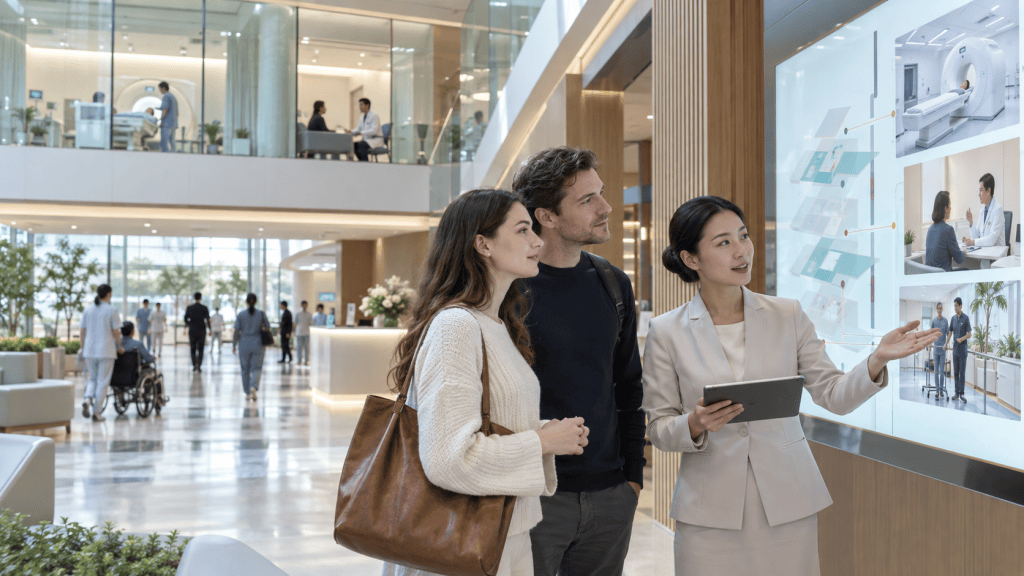 A woman presenting information on a digital display to a couple in a modern medical facility, with healthcare professionals visible in the background.