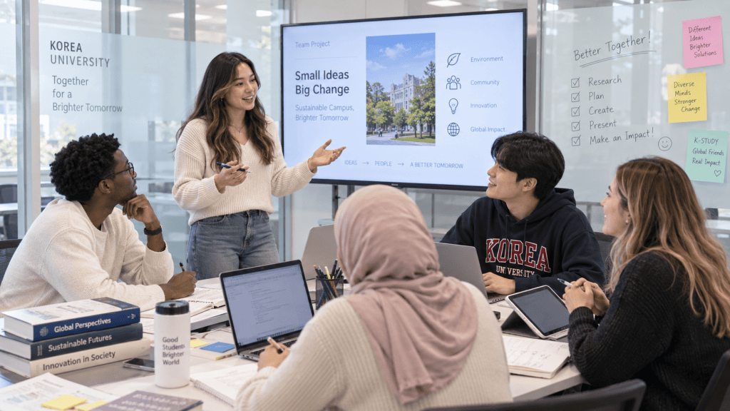 Group of students collaborating on a project at Korea University, presenting ideas for a sustainable campus. A woman is speaking while peers listen and engage, with a presentation screen behind them displaying 'Small Ideas Big Change'.