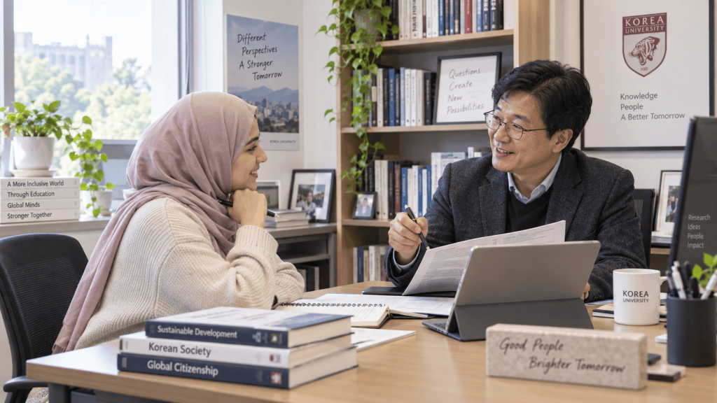 A woman in a beige sweater and hijab smiles while engaged in conversation with a man in a dark blazer at an office desk. The desk is cluttered with books, a tablet, and stationery, with a window showing a campus view in the background.