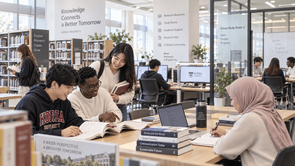 A diverse group of students studying together in a modern library, engaging with books and laptops. One student is explaining something to peers while another sits nearby working intently. The library features large windows and shelving filled with books, creating a collaborative learning environment.