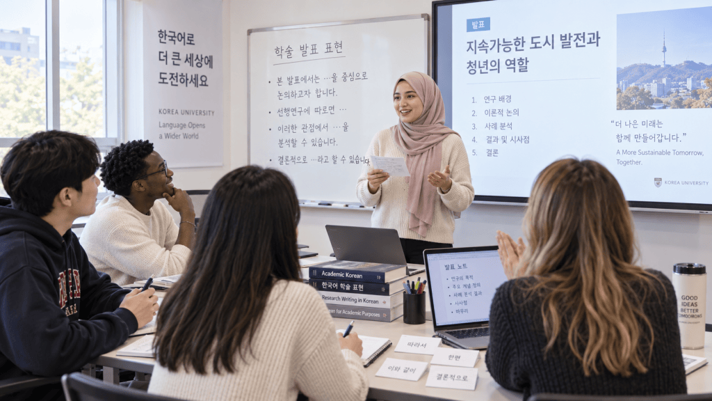A classroom setting at Korea University where a female presenter with a hijab discusses a project on sustainable city development. Students are engaged and taking notes, with a presentation slide visible in the background.