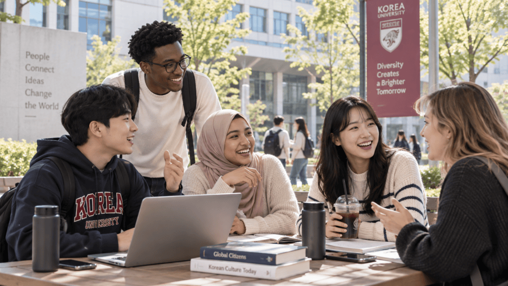 A diverse group of students sitting around a table on a campus, engaged in conversation and collaboration, with laptops and study materials in front of them. They are smiling and appear to be enjoying their time together.