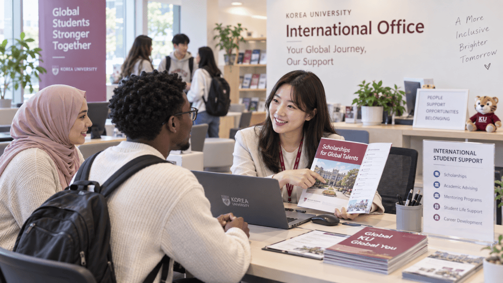 A woman at the Korea University International Office assists two students, one wearing a hijab and the other with curly hair, while discussing scholarship opportunities. The office is bright and welcoming, with various informational brochures visible.