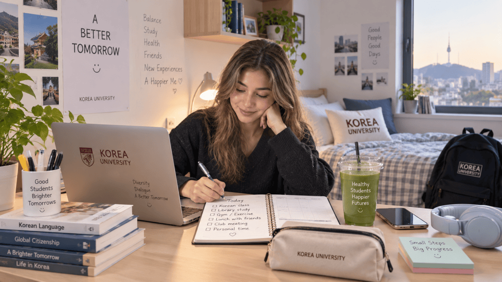 A student at a desk studying, surrounded by university-related items and motivational quotes. Sunlight streams in through a window, showcasing a view of a cityscape.