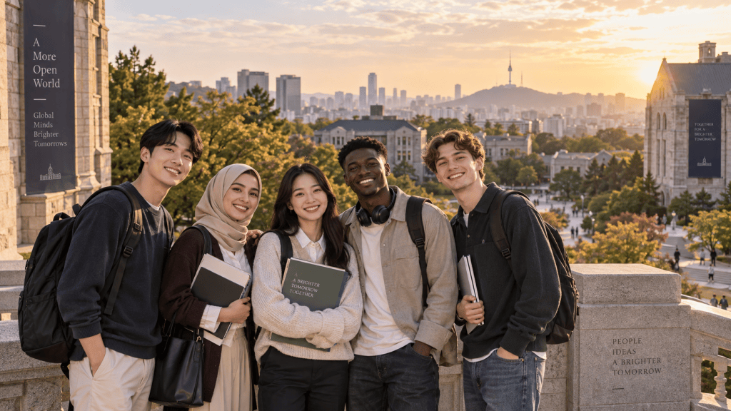 A diverse group of five young adults poses together outdoors with a city skyline in the background during sunset. They are smiling and holding books, suggesting a university setting.